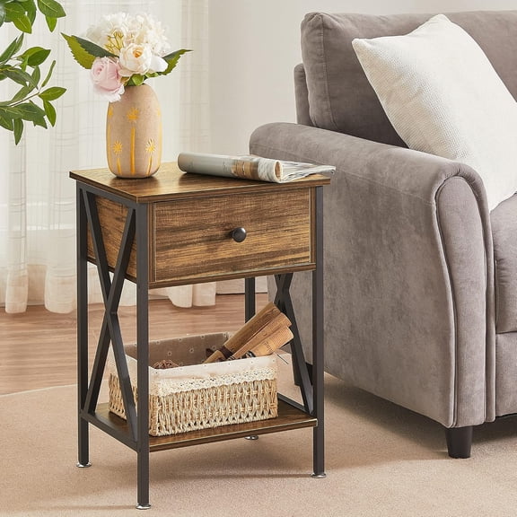 Nightstands Set of 2, Modern Bedside End Tables with Drawer and Storage Shelf for Living Room Bedroom, Industrial Metal Frame Vintage Brown