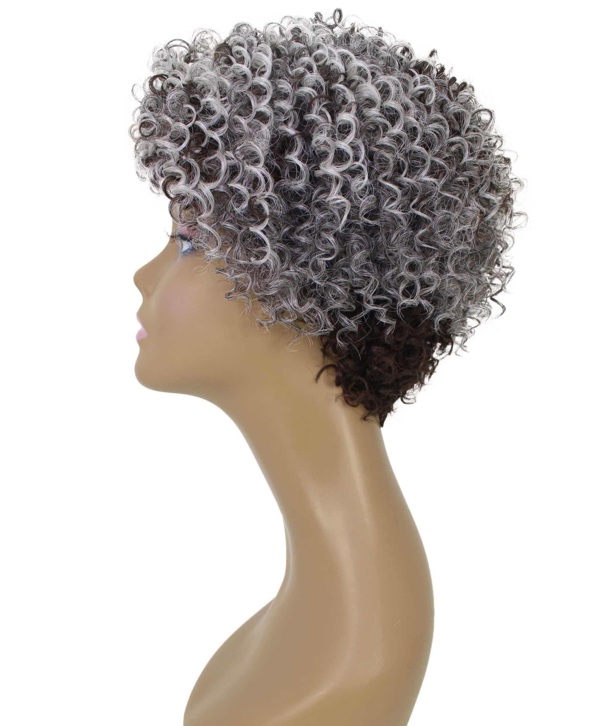 LUXLUXE Leila Curly Kinky 10 in Long Full Wig No Lace Wig, Heat Resistant Fibers, Charcoal Mixed Gray Color