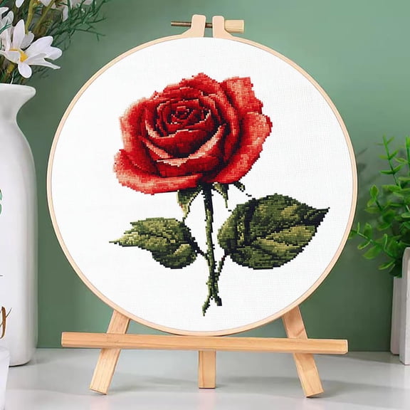 DIY Cross Stitch Kits Red Rose Easy for Beginners with Hoop 11CT Needlepoint Embroidery Stamped Counted Cross Stitch Set Craft Wall Decor 20x20cm-2