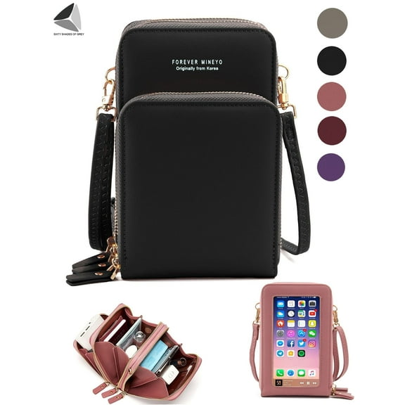 PULLIMORE Small Crossbody Phone Bags with Touch Screen Window PU Leather Cellphone Purse Wallet Handbags (Black)