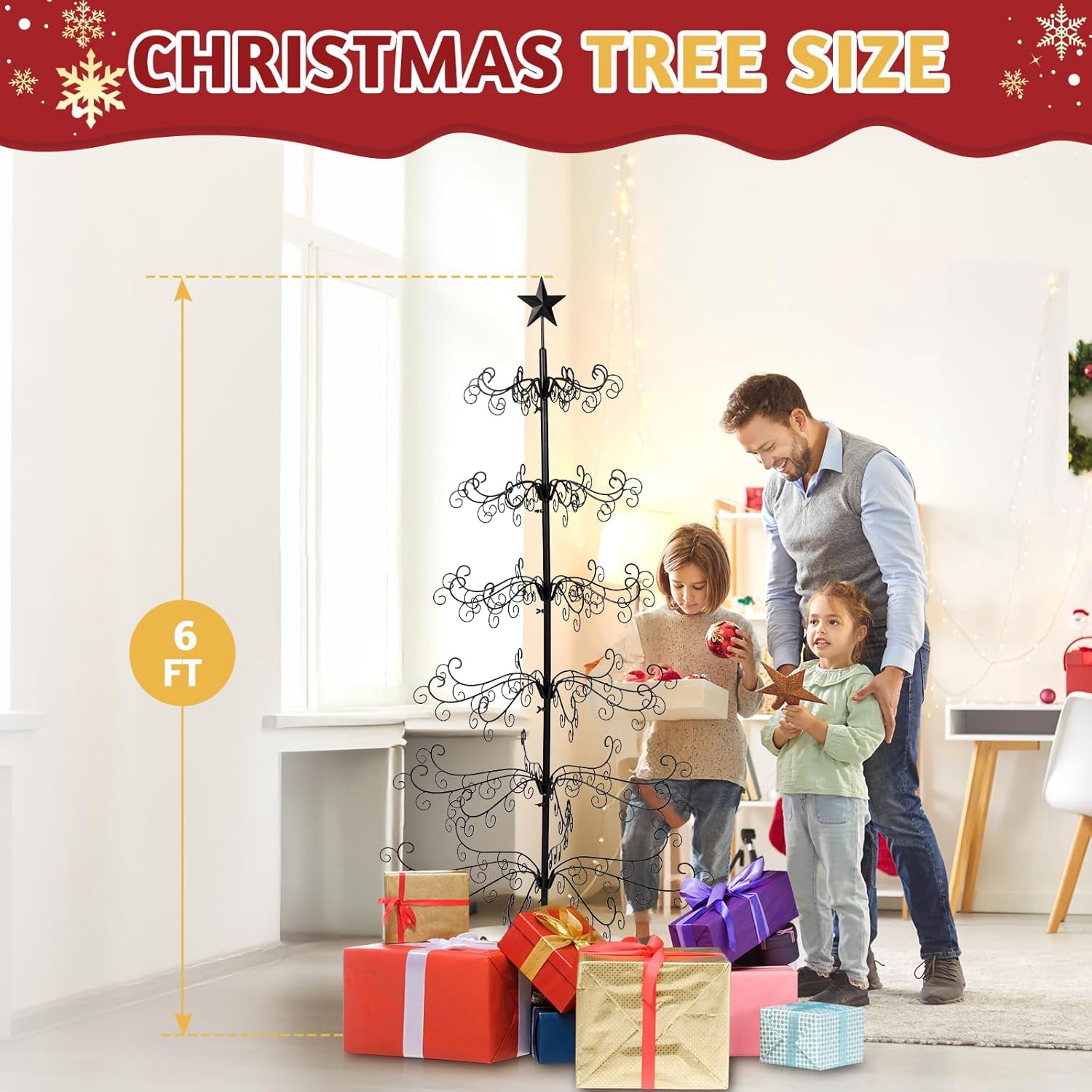 Metal Ornament Display Tree Stand, 6ft Wrought Iron Christmas Tree for Halloween Christmas Balls Bauble Decorations Gift Craft(Black)