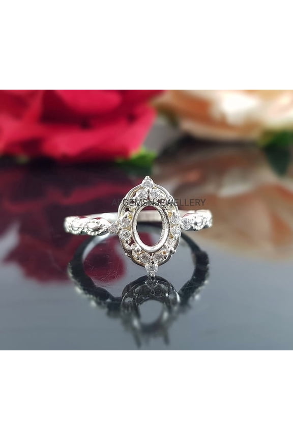 925 Sterling Silver Semi Mount Oval Ring 7x5mm Prong Setting Engagement Promise Ring for Women Without Stone Silver 10