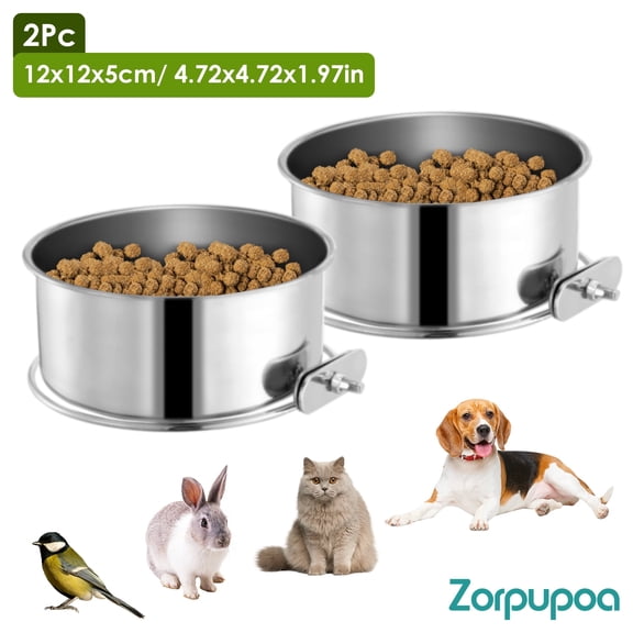 Zorpupoa 2Pc 12x12x5cm/4.72x4.72x1.97in Stainless Steel Dog Bowl Hanging Pets Food Container Detachable Pet Cage Food Water Bowl with Clamp Holder