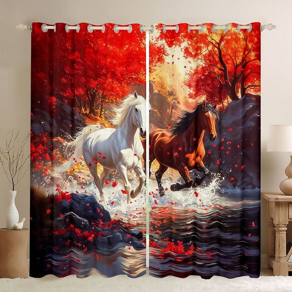 Homewish Rustic Racing Horse Black Out Curtains, Jungle Red Maple Leaf Curtains Pack of 2 (42x63 Each), Tribal Western Animal Bedroom Curtains, Black Out Curtains Decor