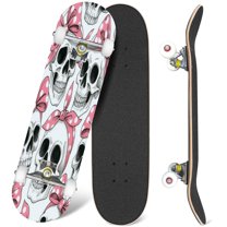 31'' Complete Skateboard 7 Layer Canadian Maple Double Kick Deck Skateboards skull pink headband Skate Board for Beginner Adult Gifts
