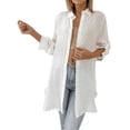 thumbnail image 3 of Women's Long Loose Fit Casual Shirt Coat Tunic Top with Lapel Collar, Lightweight Breathable for Spring Summer Office Work | CSEONE,White XL, 3 of 9