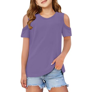 PMVFHDE Girl T Shirts Loose Fit Tee Shirt Basic Tops for Girl Graphic T Shirt Summer Tops for Girl 2025 Children Kids Girls Short Sleeve Shirts Cute Crew Neck Cold Shoulder Tee Top Pink,4-5 Years