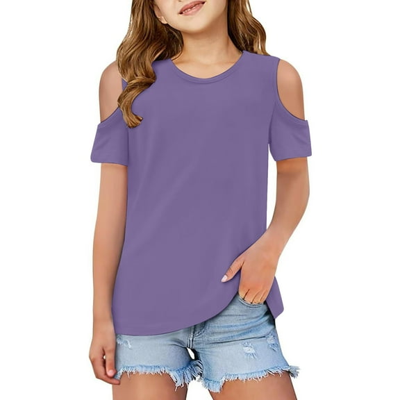 Razzly Little Girls Shirts Short Sleeve for Girls, Solid Color Strapless Graphic Shirts Girls T Shirt Short Sleeve Cotton Tshirt Girls Basic T-Shirt Girls Summer Shirts(Purple 4-5 Years)