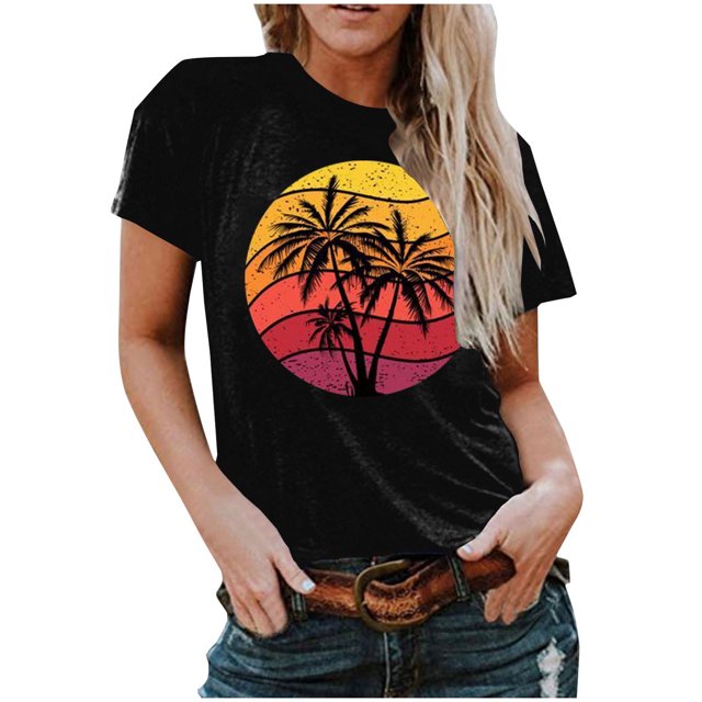 RKSTN T-Shirts Graphiques pour Femmes Col Rond Manches Courtes Blouse de Plage Hauts Aguichant Impression Régulière Chemises