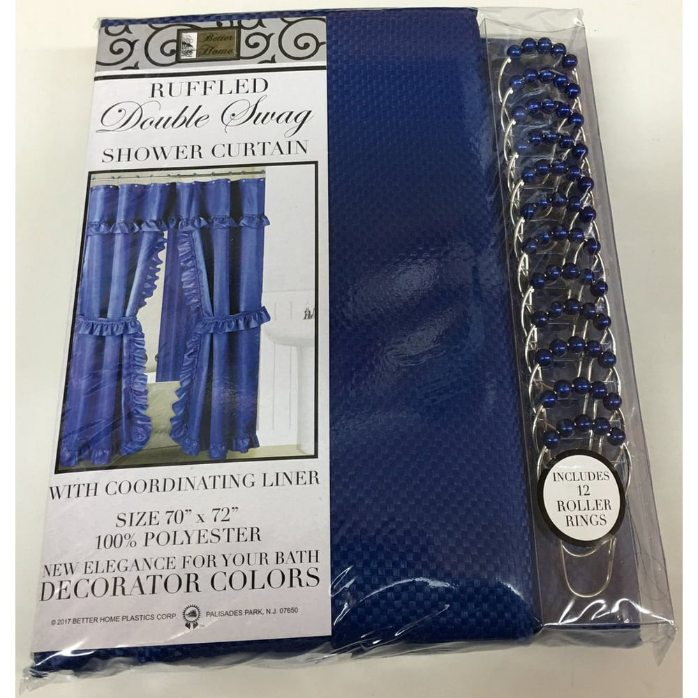 DOUBLE SWAG FABRIC SHOWER CURTAIN, VINYL LINER, SHOWER RINGS, DOBBY DOT