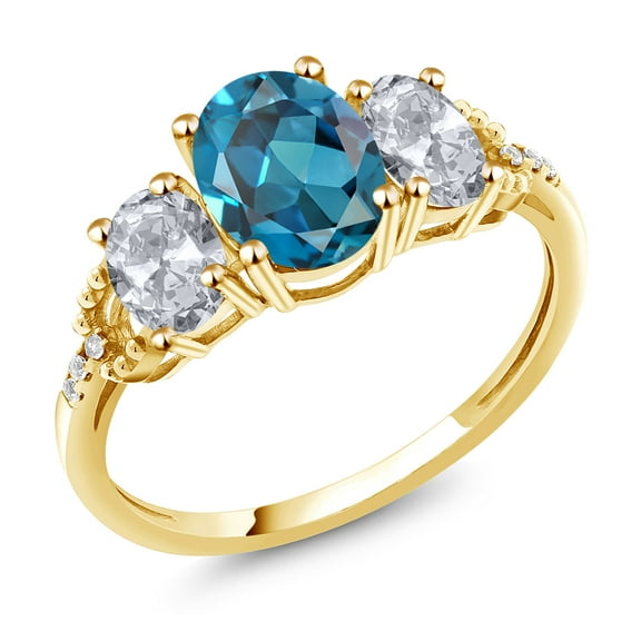 Gem Stone King 2.74 Ct Oval London Blue Topaz White Topaz 10K Yellow Gold Ring