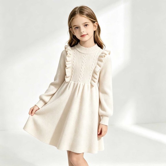 Odeerbi Teen Girls Mock Neck Sweater Dress Ruffle Long Sleeve A-Line Knit Dress for Fall Winter