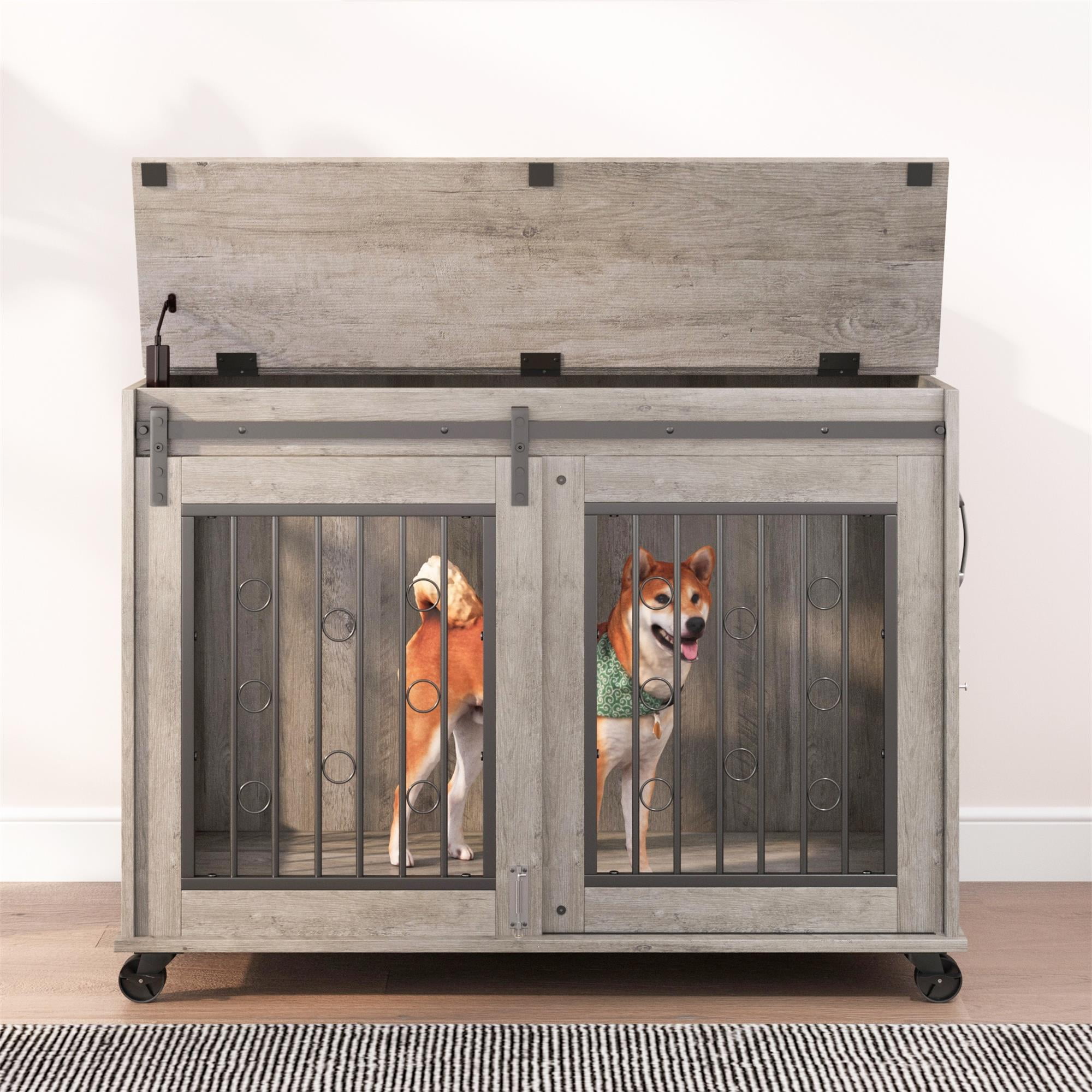Pefilos 39" Dog Crate for Medium Dogs Sliding Door Wooden Dog Cage with Partition for Two Puppies Dog House Indoor, Gray Pefilos 39" Dog Crate for Medium Dogs Sliding Door Wooden Dog Cage with Partition for Two Puppies Dog House Indoor, Gray