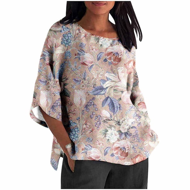Mujeres 3/4 Manga Tops Y Blusas de Impresión Suelta Camisa Cortada, Casual Cuello Redondo Blusa para la Primavera Y el Verano