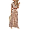 thumbnail image 1 of Women Beach Floral Print Long Maxi Dress Ladies Short Sleeve Cocktail Party Evening Dress Summer Boho Sundress With Belt, 1 of 3