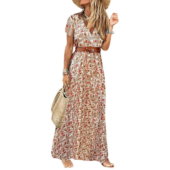 Women Beach Floral Print Long Maxi Dress Ladies Short Sleeve Cocktail Party Evening Dress Summer Boho Sundress With Belt