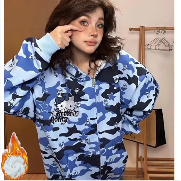 Sanrio Hello Kitty Zipper Cardigan Hoodie Y2K Cartoon Camouflage Blouse Sweatshirts Autumn Long Sleeve Sweater Jacket For Female