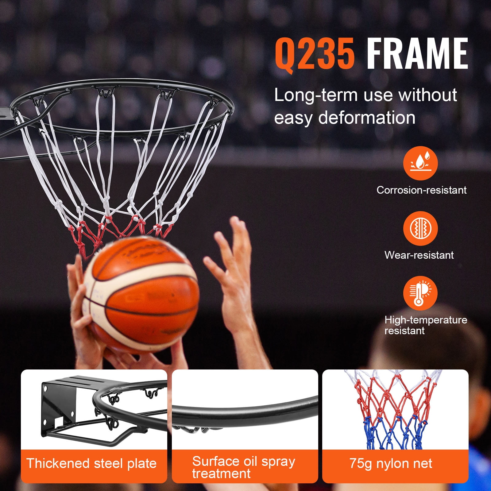 KFFKFF Basketball Ring, Door or Wall Mountable Basketball Basket, Robust Q235 Basketball Flexible Ring Goal Substitute with Net and Twin Spring, 18" Indoor Outdoor Suspended Hoop for Children Adults