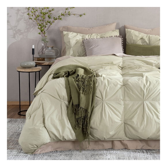 Set Edredón Puff Acolchado de Lujo con Fundas de Almohada, Algodón Esquimal (Khaki, Queen Size)