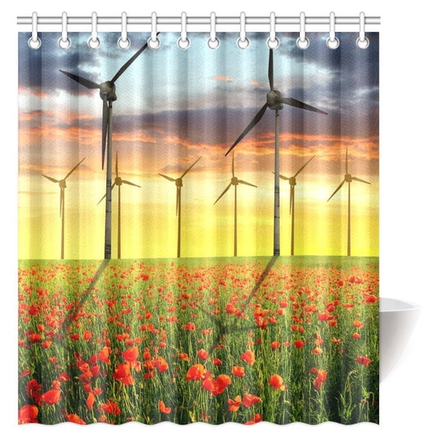 ABPHQTO Poppy Decor Cortina de ducha Paisaje primaveral con campo de amapolas rojas y aerogeneradores en la puesta de sol Cortina de ducha de baño 160x180 cm