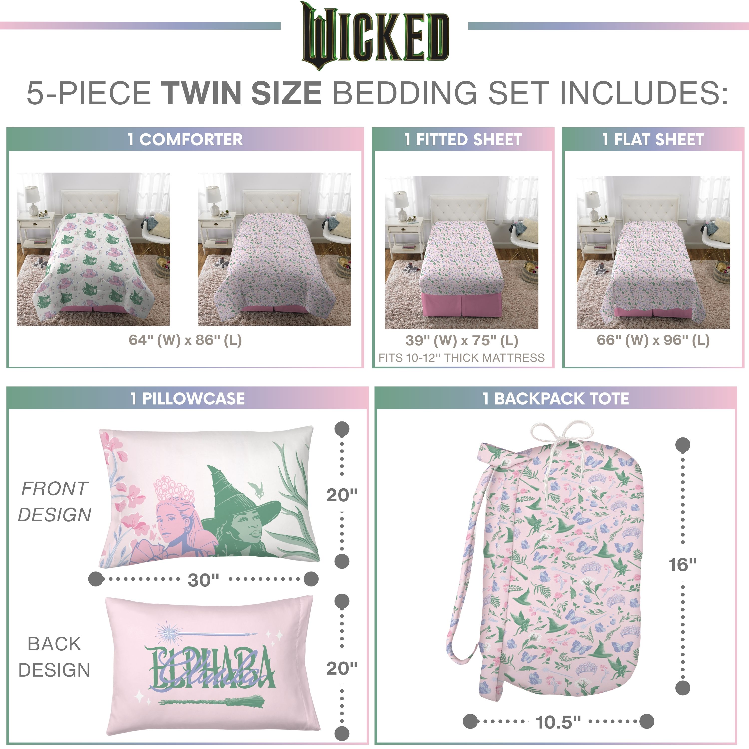 Wicked Kids Pink and Green 6 Piece Reversible Comforter, Bed in a Bag, Twin