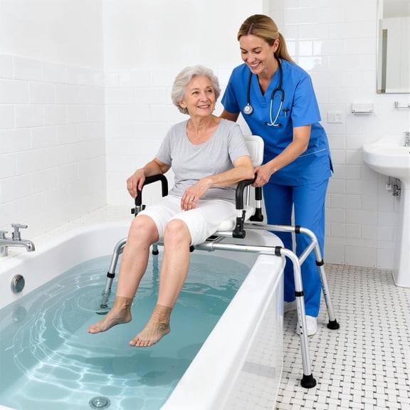 Sliding Tub Transfer Bench and Shower Chair, Adjustable Height Bath Safety Seat, 220 lb Capacity, Cut-Out Seat