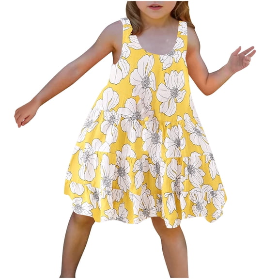 THDHVS Little Girl Dresses,Breathable Rayon Sleeveless Tiered Dress for Girls Summer Casual Wear Beach Outing and Everyday Comfortable Fits,Dresses for Girls Yellow