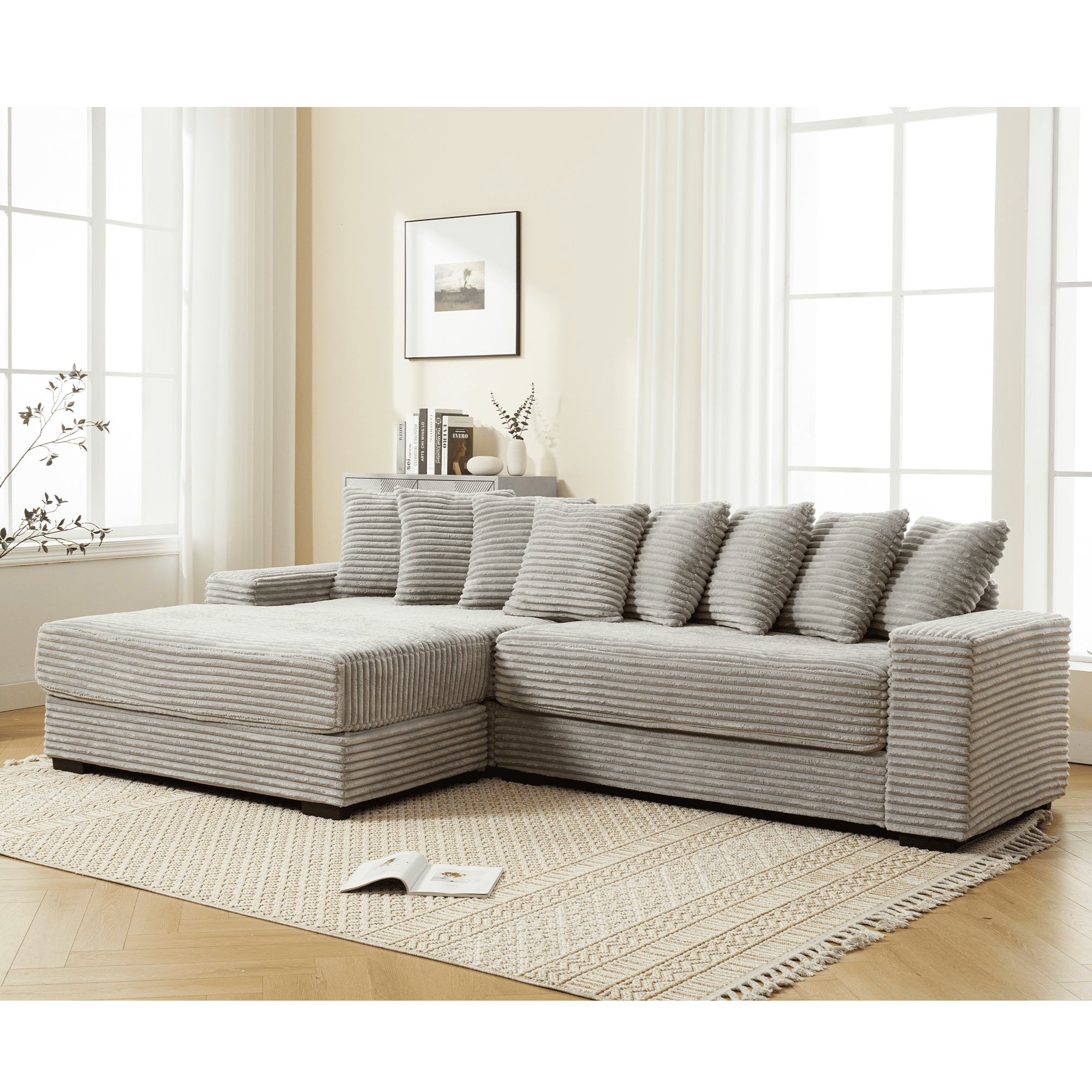 AISWORD 111" Oversized 3-Seat L-Shaped Sectional Sofa with Left Chaise, Luxury Corduroy Fabric Modular Couch with 8 Throw Pillows, Easy Assembly for Living Room