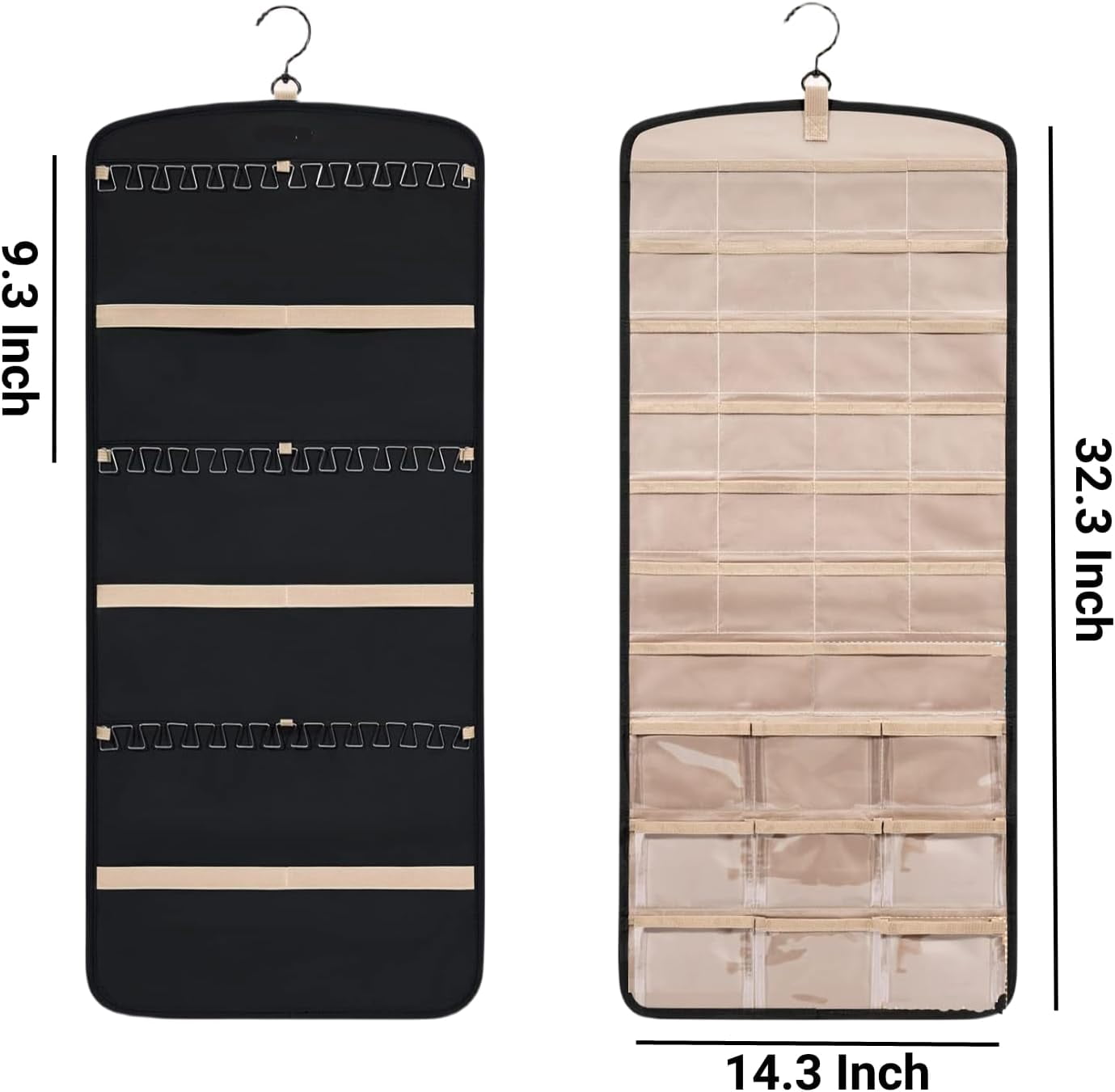Hanging Jewelry Organizer Storage Roll with Hanger Metal Hooks Double-Sided Jewelry Holder for Earrings Necklaces Rings on Closet Wall Door, 1 piece