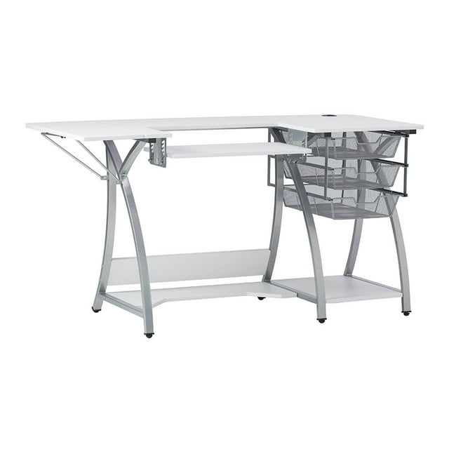 SD Studio Designs Table d'Ordinateur Pro Stitch Couture, Passe-Temps avec Étagère Pliante et Paniers en Fil - Argent, Blanc