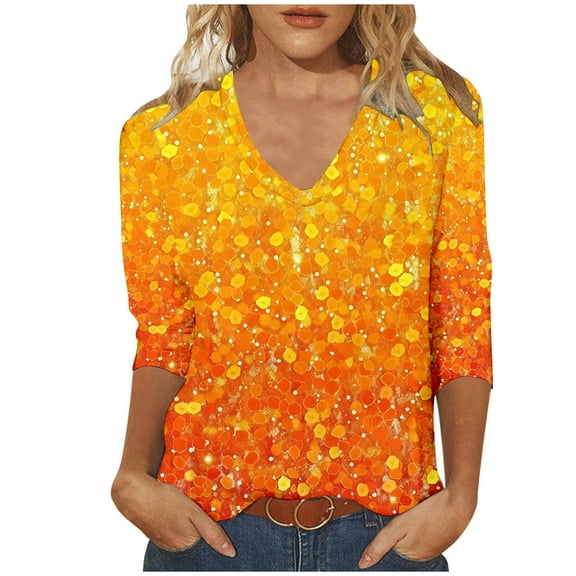 Uootdi Women's Glitter V Neck Top 3/4 Sleeves Gradient Dot Print Shirt Sparkle Party Evening Outfit Trendy Festival Fashion Multicolor Womens Tops