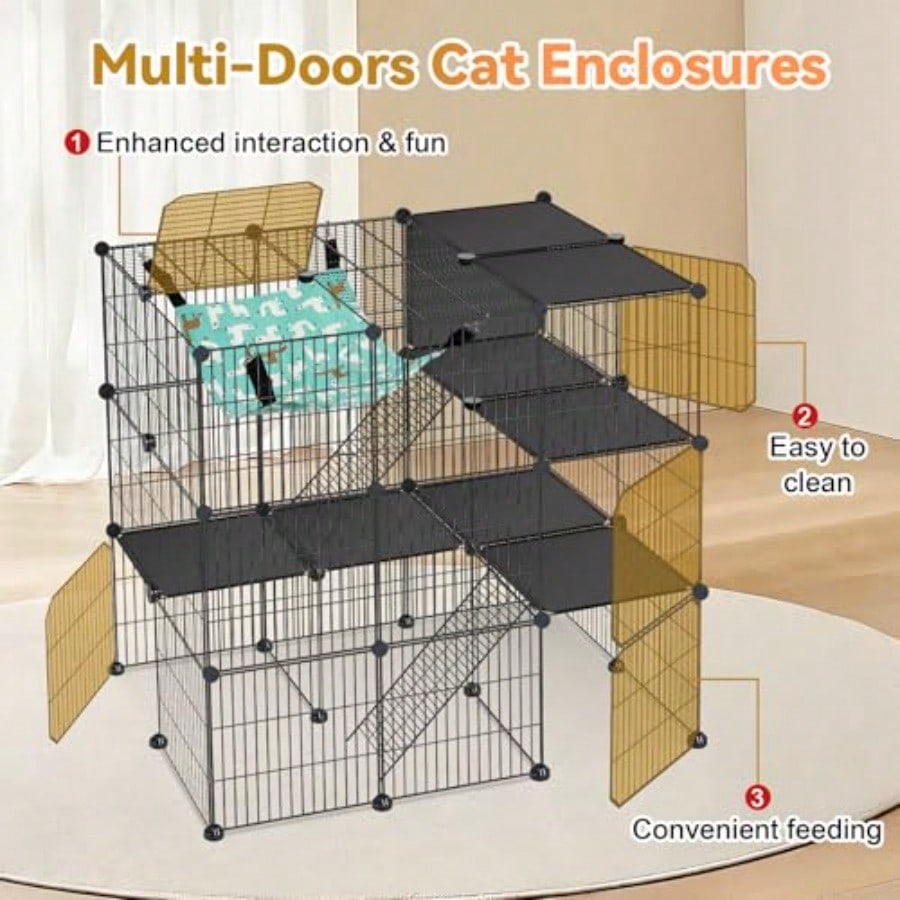 Cat Cage 3Tier DIY Cat Enclosures Catio Cat Playpen Indoor Outdoor With Hammock Detachable Metal Wire Kennel Cats Crate 2x3x3 Exercise Place For 13 Cats Kitten