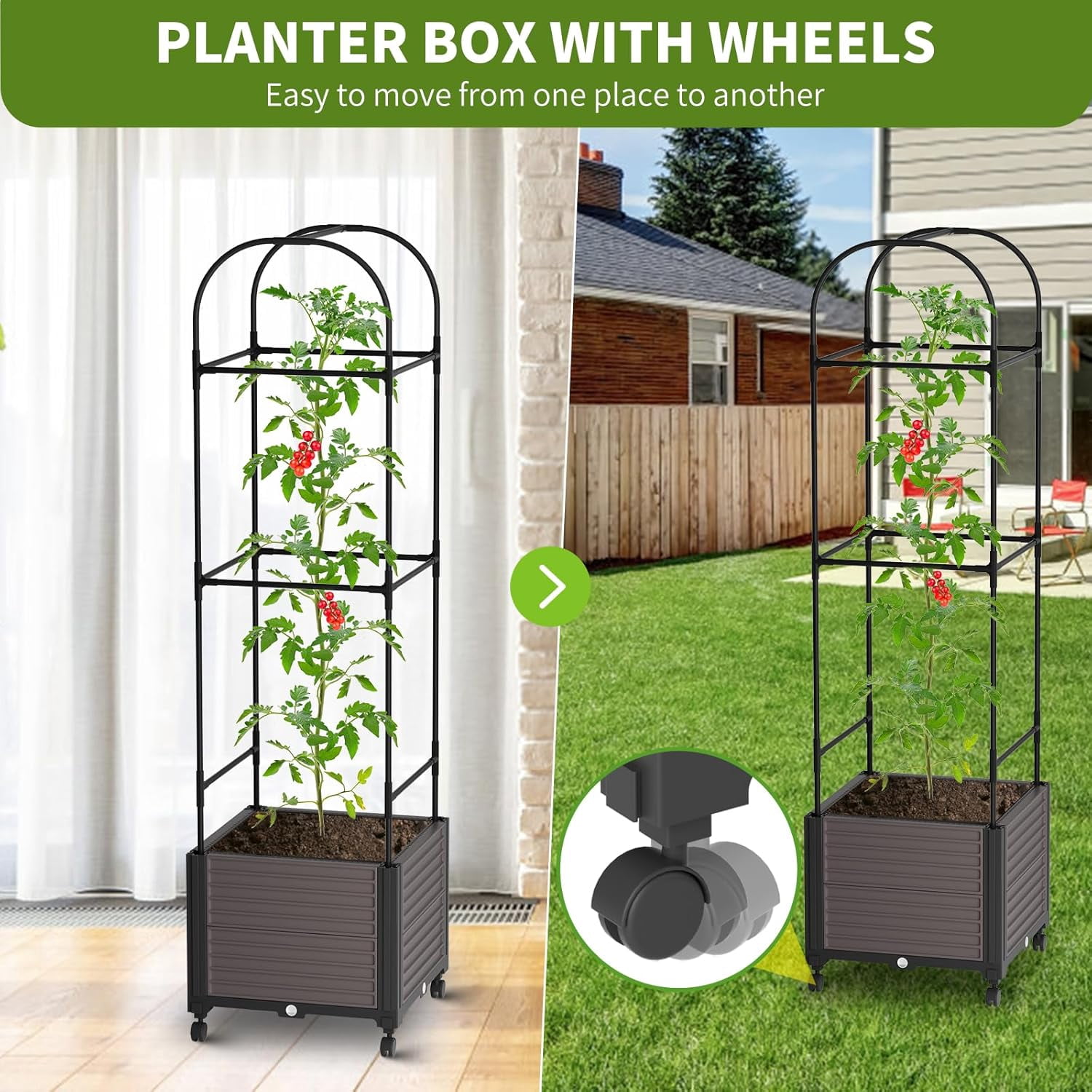 Slsy 2 Pack Raised Garden Bed Planter Box with Wheels,Tomato Cage Planter Raised Garden Bed with Trellis for Climbing Vegetables Plants Tomato Cage, Indoor Outdoor Use