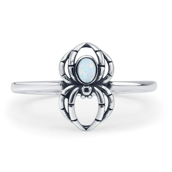 Oval Spider Oxidized Ring Lab Created White Opal 925 Sterling Silver Size 4