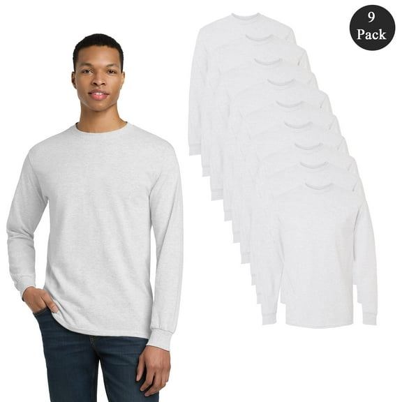 Gildan Men's DryBlend 50/50 Long Sleeve T-Shirt, 9-Pack, Comfortable Crew Neck Casual Tee, Ash, S