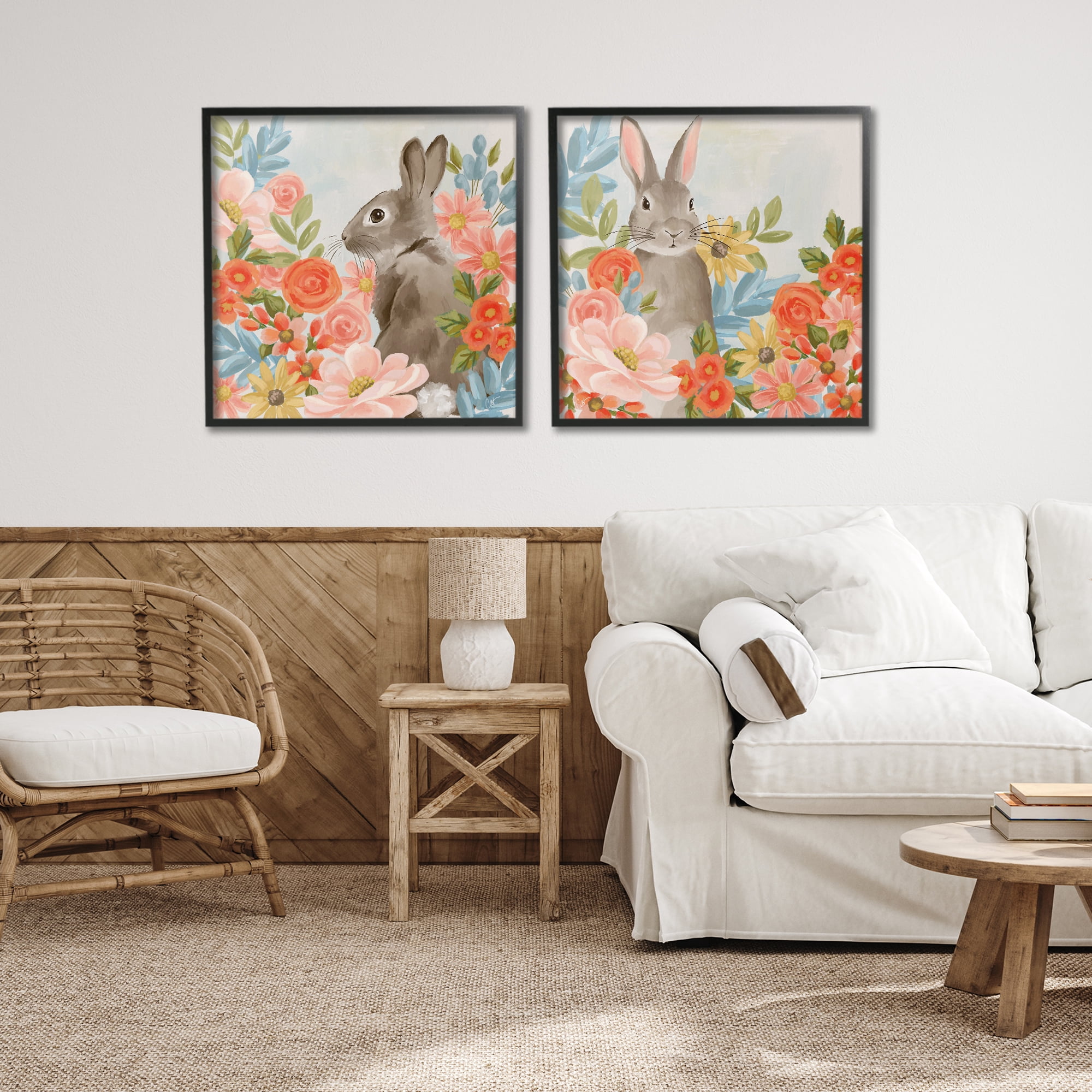 Stupell Industries Bright Bunny Blooms 2 Piece Black Framed Giclee Art Set, design by Cat Thurman Designs
