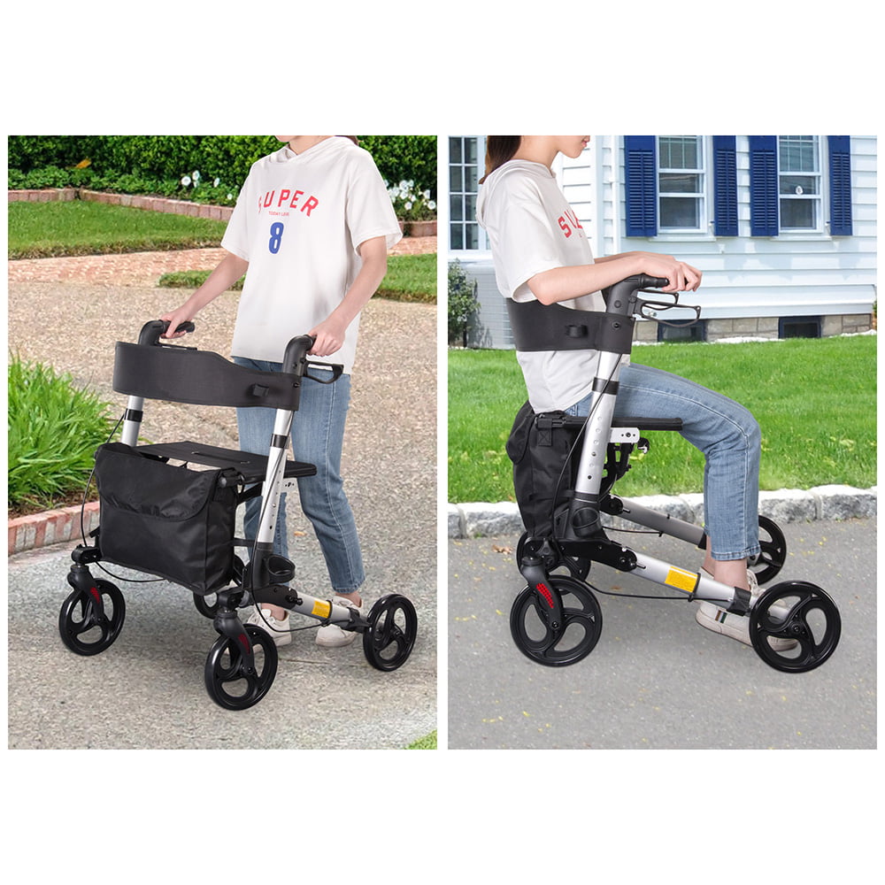 Height-Adjustable Mobility Walking Aid Ergonomic Handle and Carrying Case YXNZ Folding Four-Wheel Roller Walker with Padded Seat