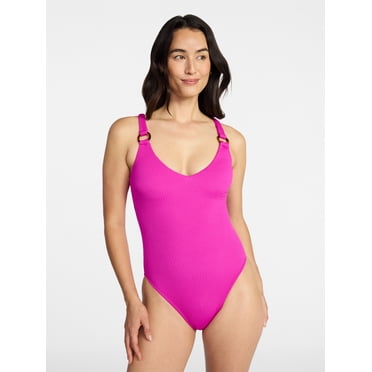 Time and Tru Women's and Women's Plus Crinkle Plunge One Piece Swimsuit