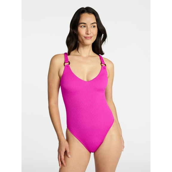 Time and Tru Women's and Women's Plus Crinkle Plunge One Piece Swimsuit