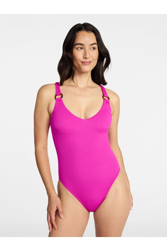 Women's and Women’s Plus Crinkle Plunge One-Piece Swimsuit, Sizes XS-3X