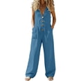 thumbnail image 2 of ClodeEU Women's V Neck Button Front Sleeveless Linen Blend Jumpsuit, Casual Wide Leg Romper with Pockets Blue,Women's Plus XL, 2 of 6