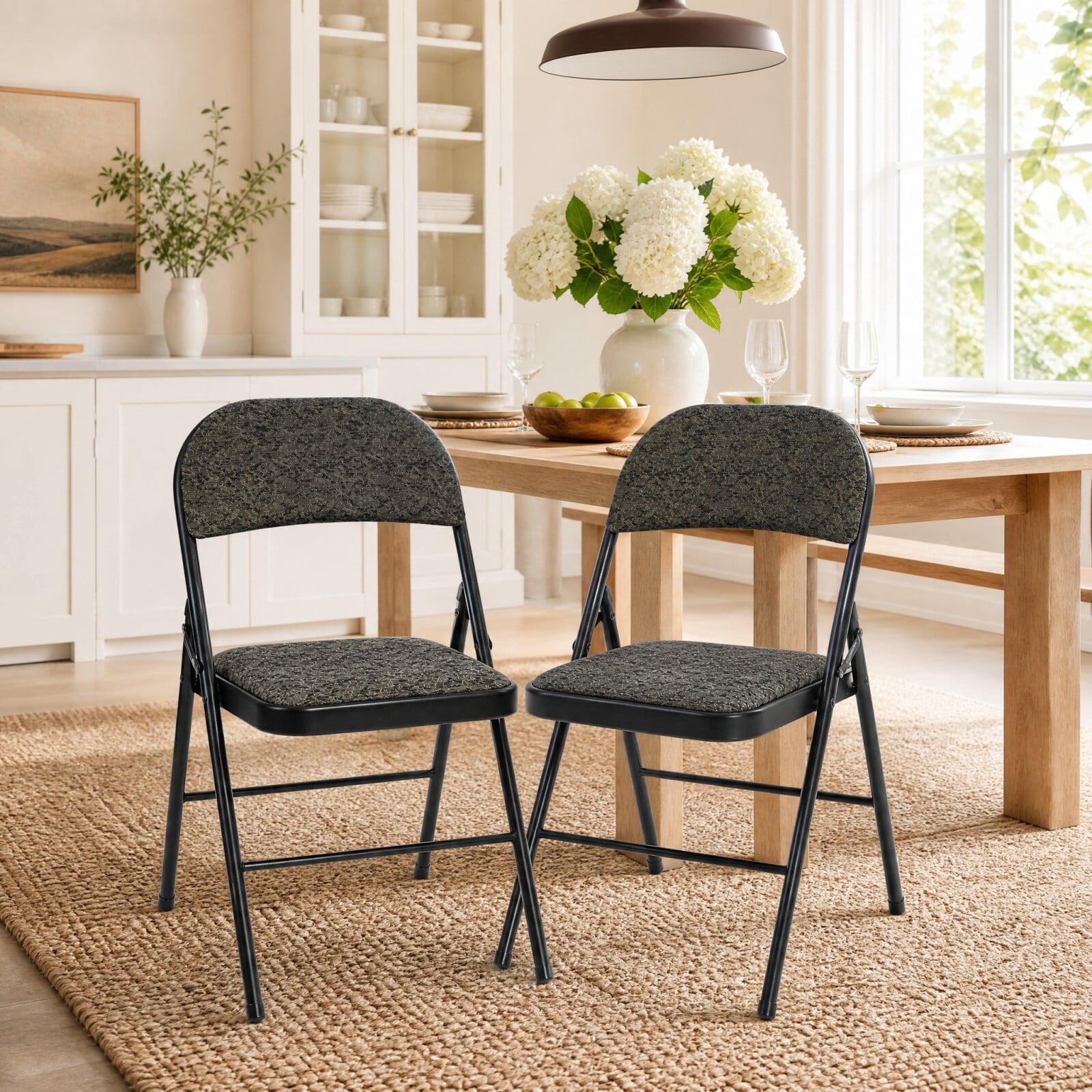 Kelno Folding Chair Set of 2 Fabric Padded Guest Chairs with Lightweight Sturdy Metal Frame, Black Gray