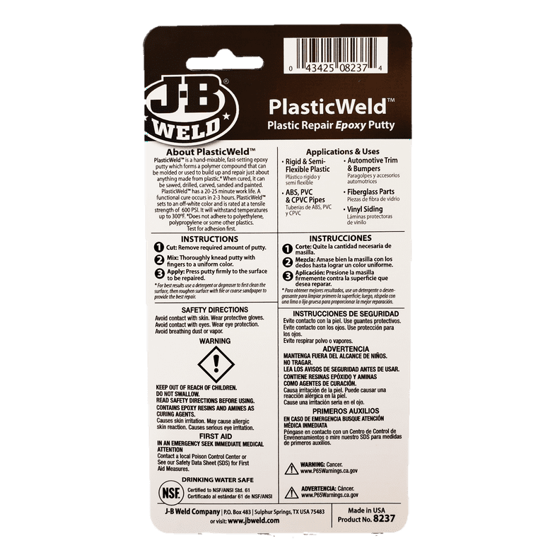  J-B Weld 8237 PlasticWeld Plastic Repair Epoxy Putty - 2 oz. :  Automotive