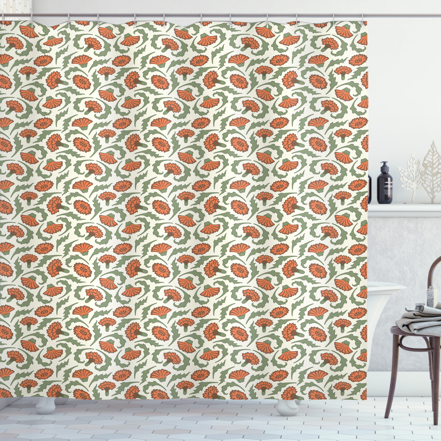 Details about / Vintage Shower Curtain Curlicues Floral Design Print for Bathroom