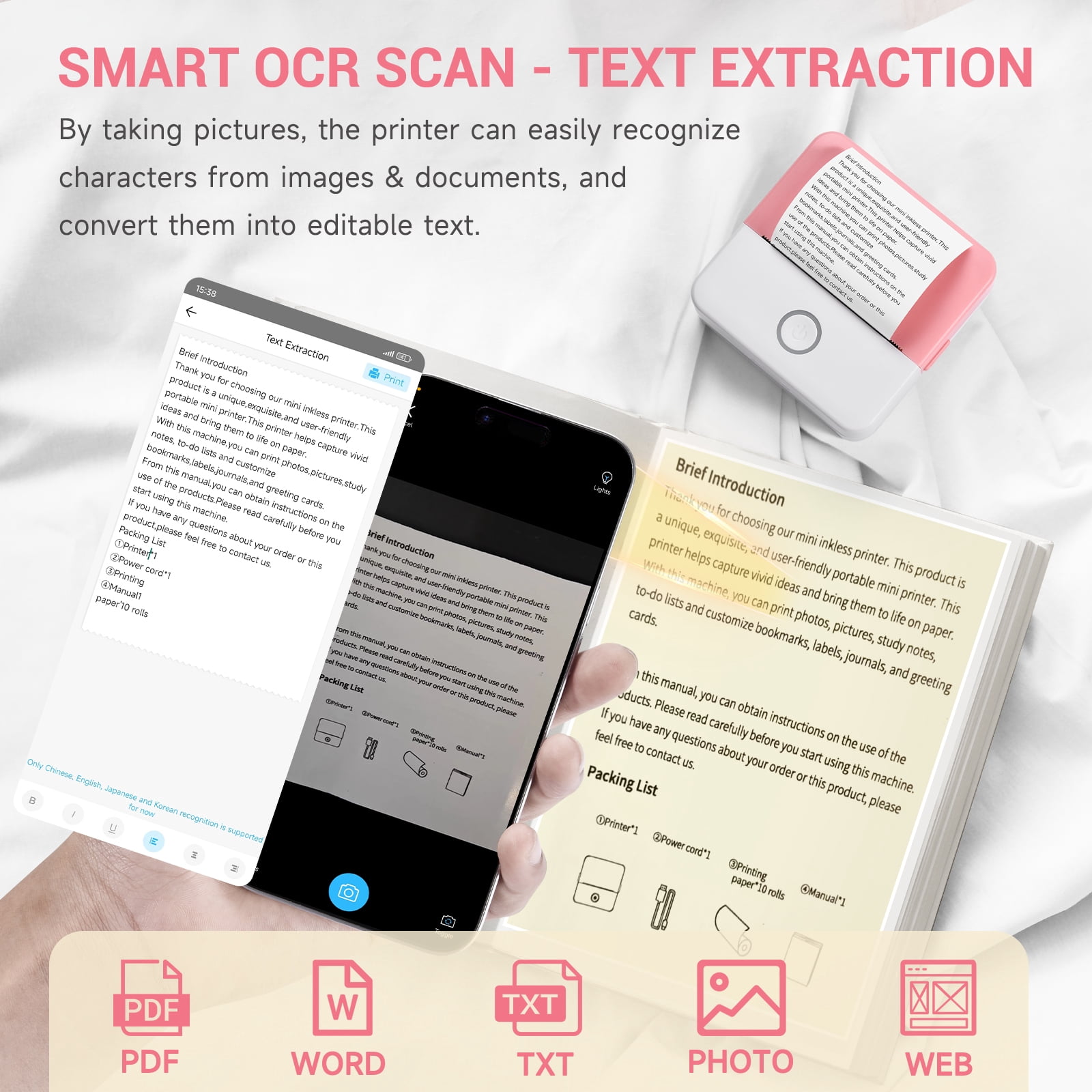 ROJAX Print Pods Mini Thermal Printer, Inkless Portable Sticker Maker with 10 Rolls Paper, Bluetooth Pocket Printer for Phone, Notes, Journal & DIY, Compatible with iOS & Android (Pink)