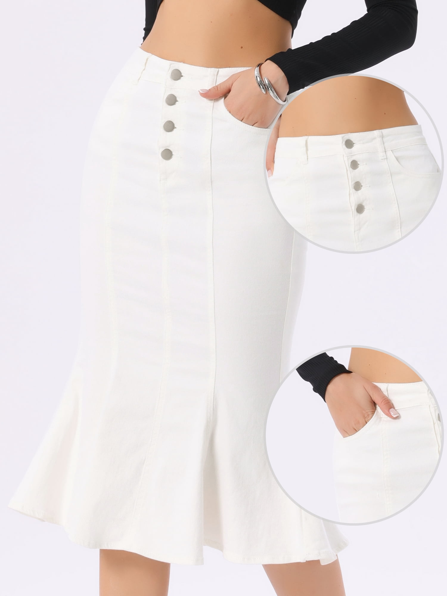 DARING DIVA Women's Soft Elegant Washed Fishtail Casual Midi Denim Skirt L White