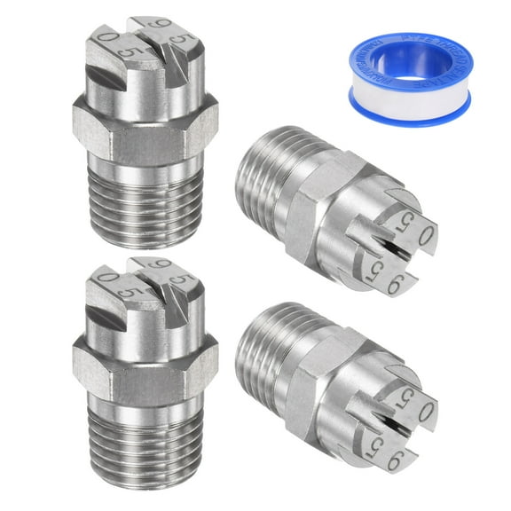 4pcs 95 Degree Flat Fan Spray Tip 1.4mm Dia. 1/4BSPT Male with Sealing Tape, Silver Tone