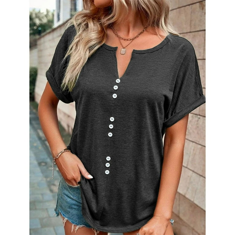 Bigersell Western Shirts for Women Summer Solid Color V Neck Button Tops Short Sleeve Lapel Shirt Big Tall Button Down Round Neck Short Sleeve Tops