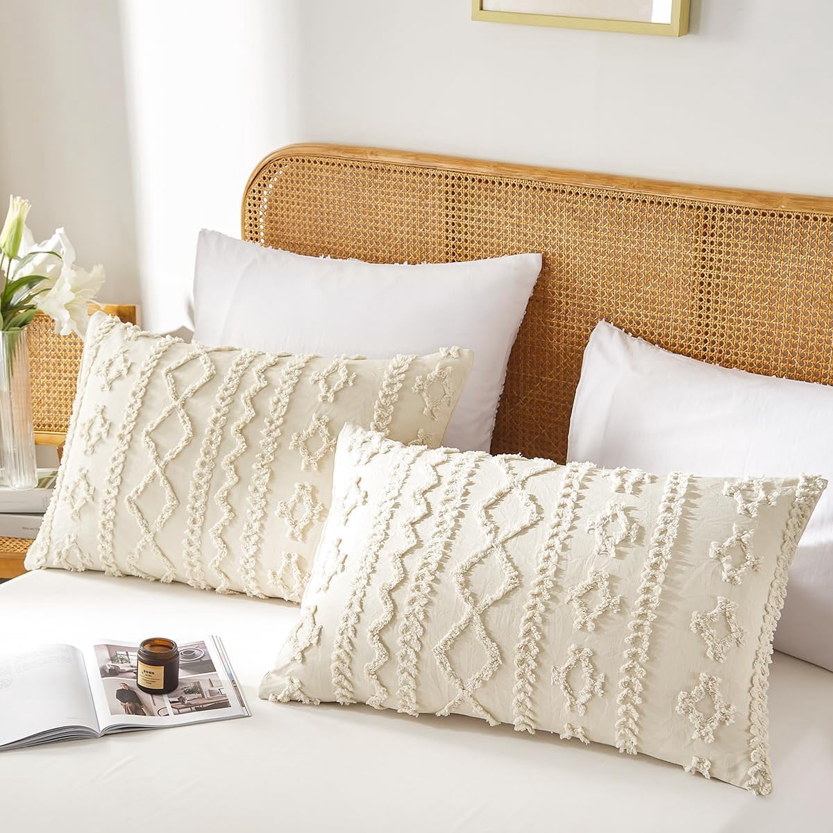 JOLUSERE Jacquard Sandflow Pattern Tufted Duvet Cover King Set, 3 Pieces Boho Ultra Soft Embroidery Bedding Set, Beige