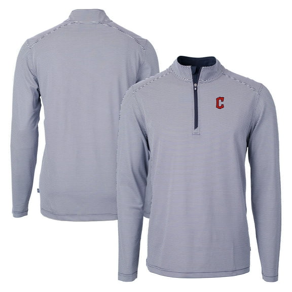 Men's Cutter & Buck Navy/White Cleveland Guardians Virtue Eco Pique Micro Stripe Recycled Quarter-Zip Pullover Top